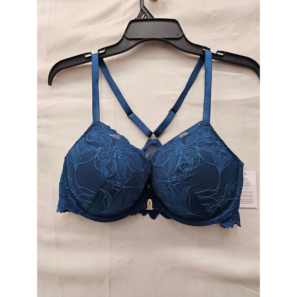 Auden Womens Lace Front Close Push Up Plunge Bra Blue Nylon Blend Size 36D